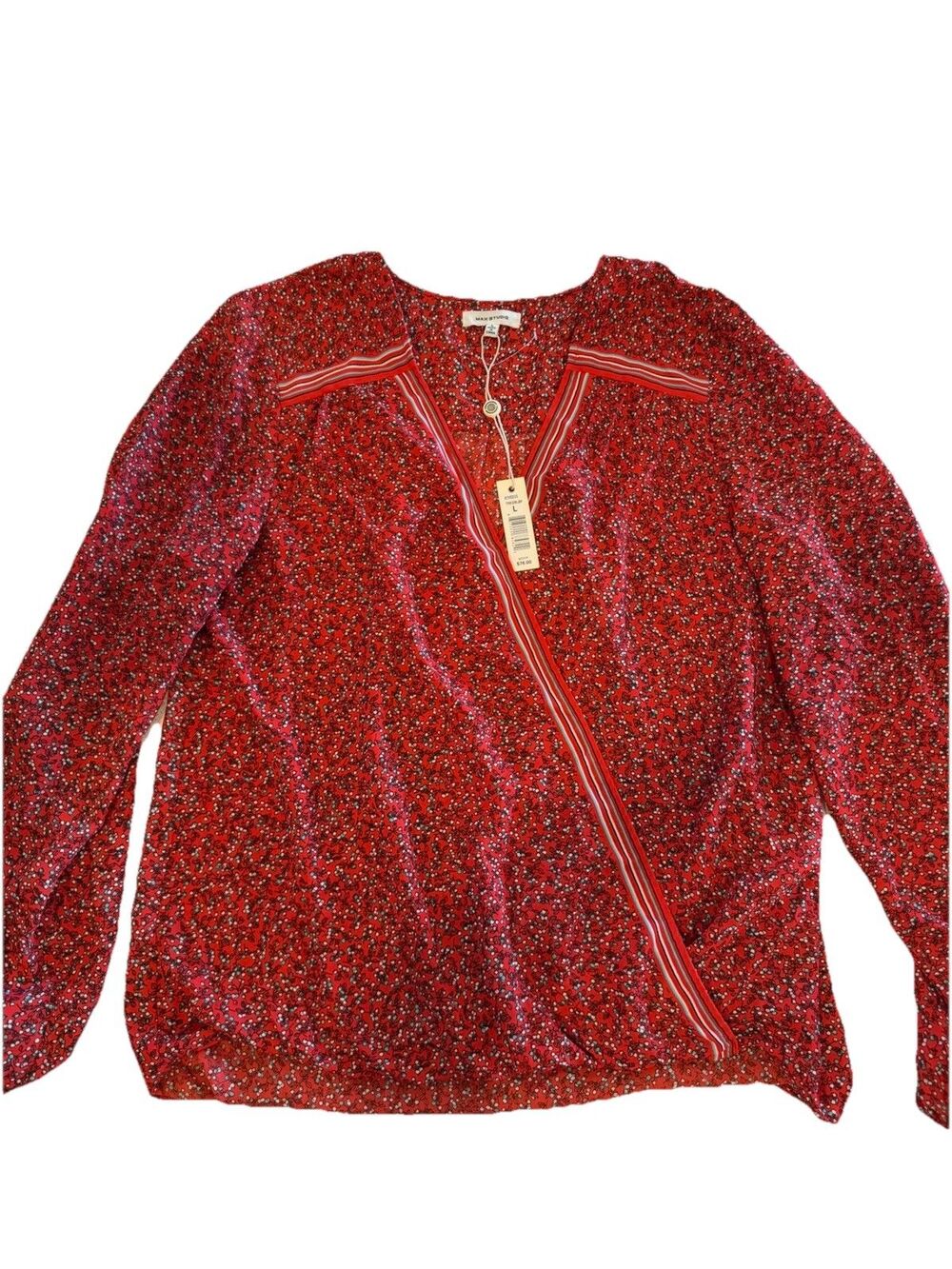 Max Studio Red White Blue Floral V-Neck Long Sleeve Blouse L
